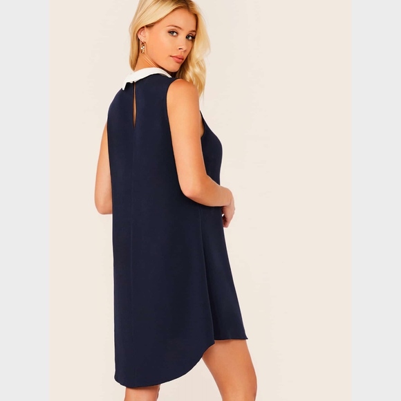 White Collar Navy Mini Dress High Low Hem - Picture 3 of 8